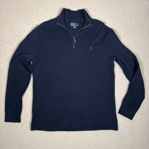 Polo Ralph Lauren 1/4 Zip Up Navy Sweater Medium Made In USA 100% Cotton